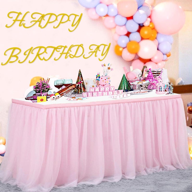 NSSONBEN 167in Baby Pink Tulle Table Skirts for Rectangle Tables 4ft 6ft 8ft, 2-Layer 14 ft Long Gold Grim Princess Pink Ruffle Tulle Tutu Table Skirt Cloth for Girl Birthday Baby Cake Dessert(No Table Cover) - Image 1